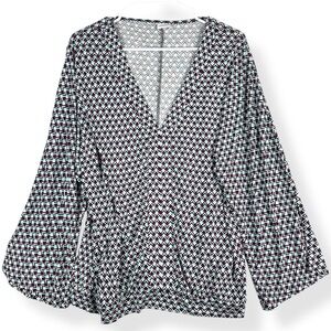 Lascana Blouse Top Womens 4/6 Multicolor Chevron Viscose V-Neck Flare Sleeve